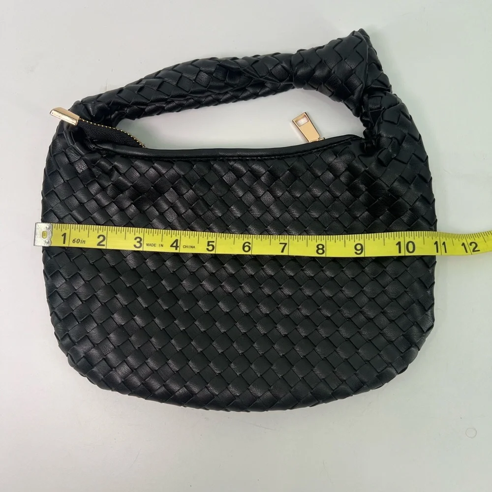 Melie Bianco Black Drew Small Woven Hobo Bag With Knot and Zipper